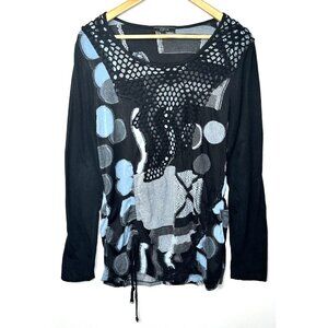 Cativa Womens Tunic Top Embroidered Art To Wear Lagenlook Patterned Black Sz XL